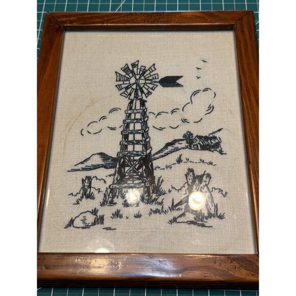 Vintage Windmill Embroidery Art In Wooden Frame - Picture 2 of 4